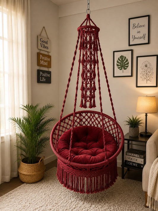 Boho Macrame Hanging Swing Chair with Cushion