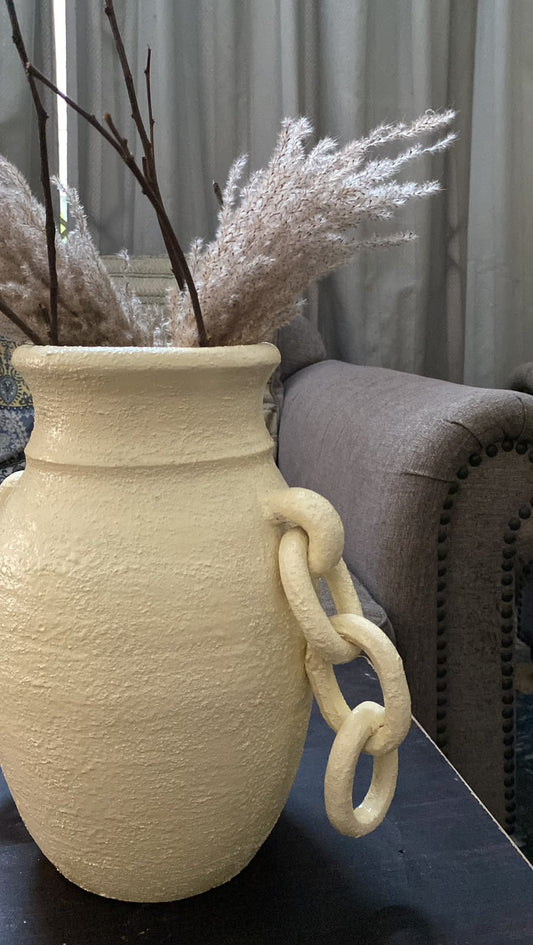 White Ceramic Vase with Gold Chain Detail-14 inches In Hight