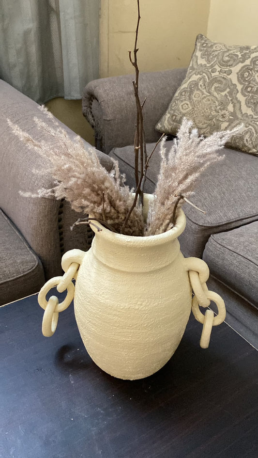 White Ceramic Vase with Gold Chain Detail-14 inches In Hight