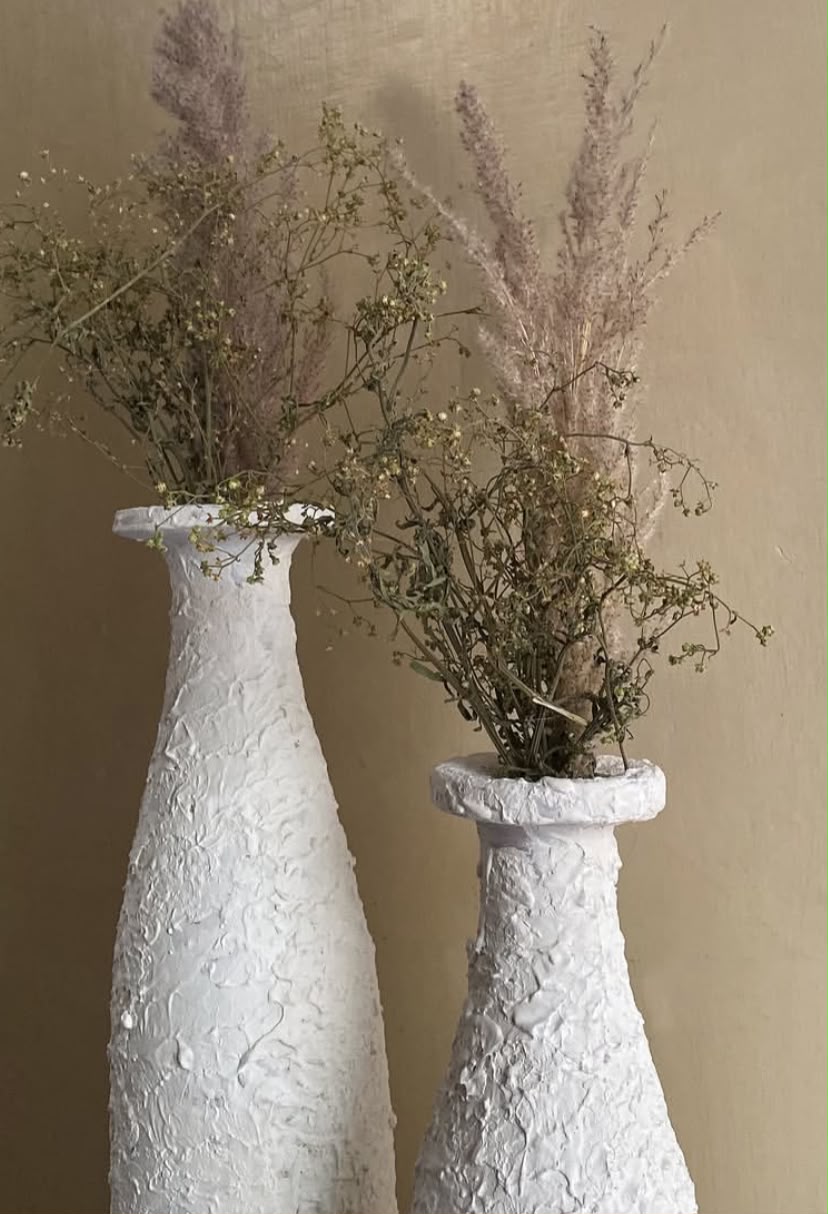 White Textured Ceramic Vase Set - For The Set Of 2 - 18" & 13"