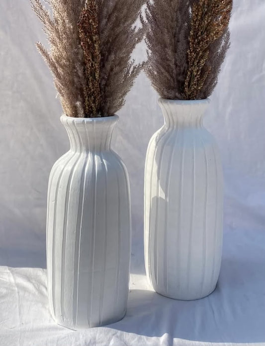 White Ribbed Ceramic Vase Set - 13 Inches