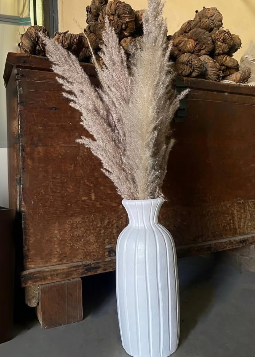 White Ribbed Ceramic Vase Set - 13 Inches