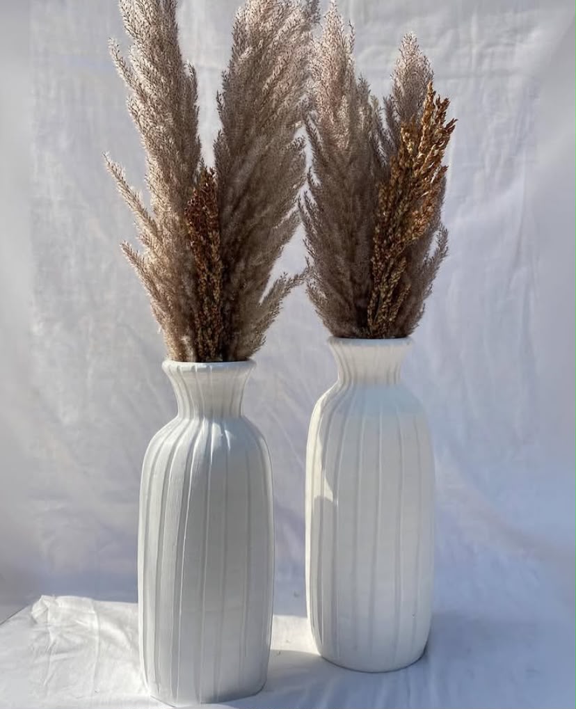 White Ribbed Ceramic Vase Set - 13 Inches