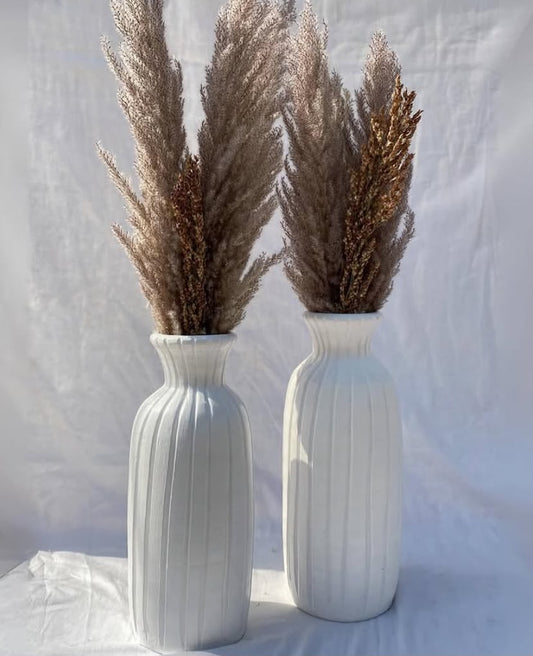 White Ribbed Ceramic Vase Set - 13 Inches